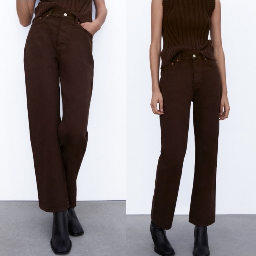 Zara Women's Straight Leg Jeans - Dark Brown